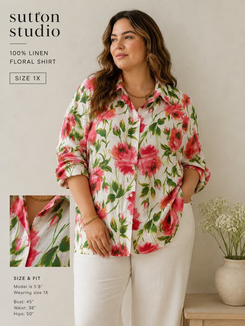 🌺 Sutton Studio 1X 100% Linen Floral Button Down Pink Poppy Shirt
